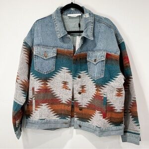 NWT Aztec Print Loose Denim Patchwork Jacket